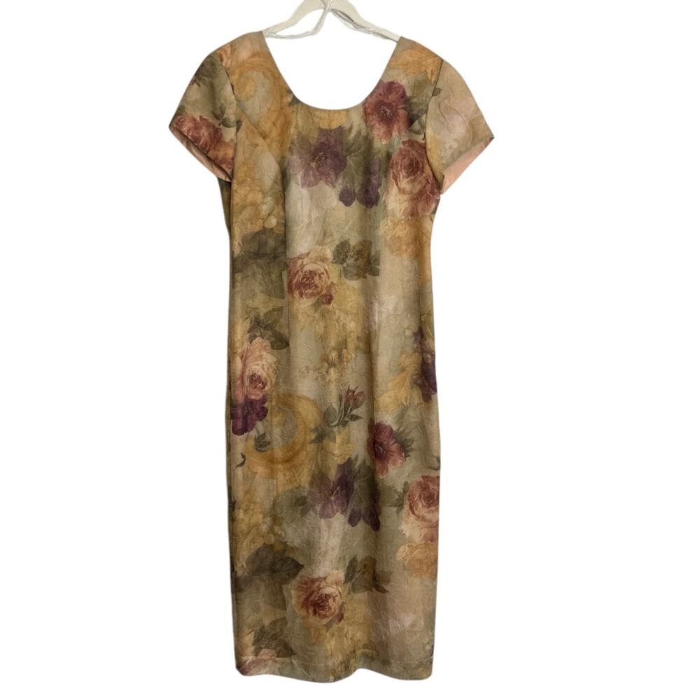 Vintage Taurus II Womens Floral Midi Dress Size 12P Olive Rose Made in USA